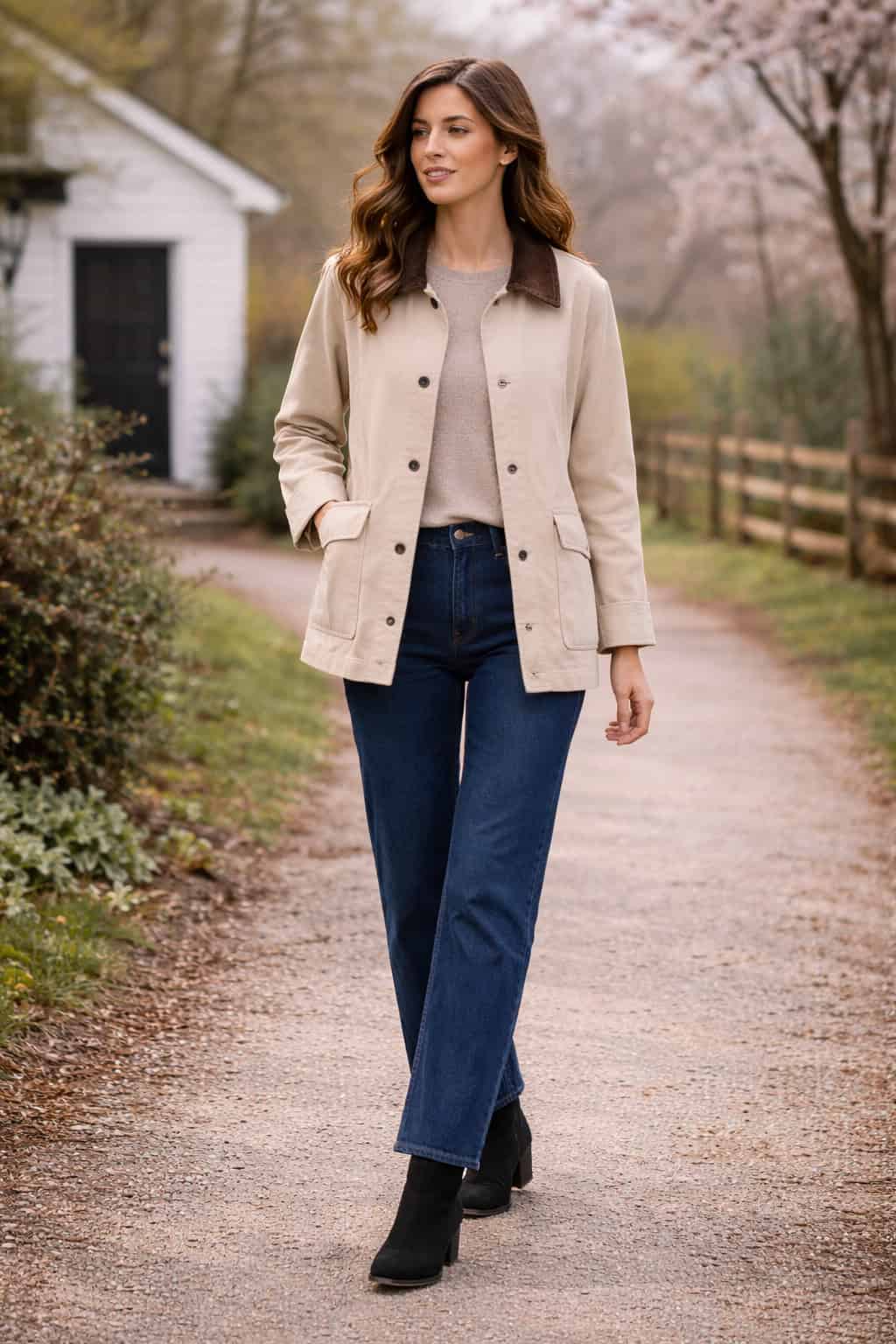 Woman in a beige barn jacket, knit top, dark jeans, and black ankle boots walking outdoors in spring.