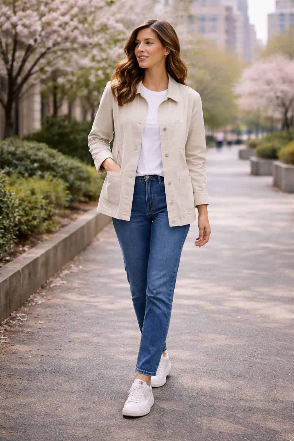 Woman in a beige chore jacket, white tee, jeans, and white sneakers walking in a spring park.