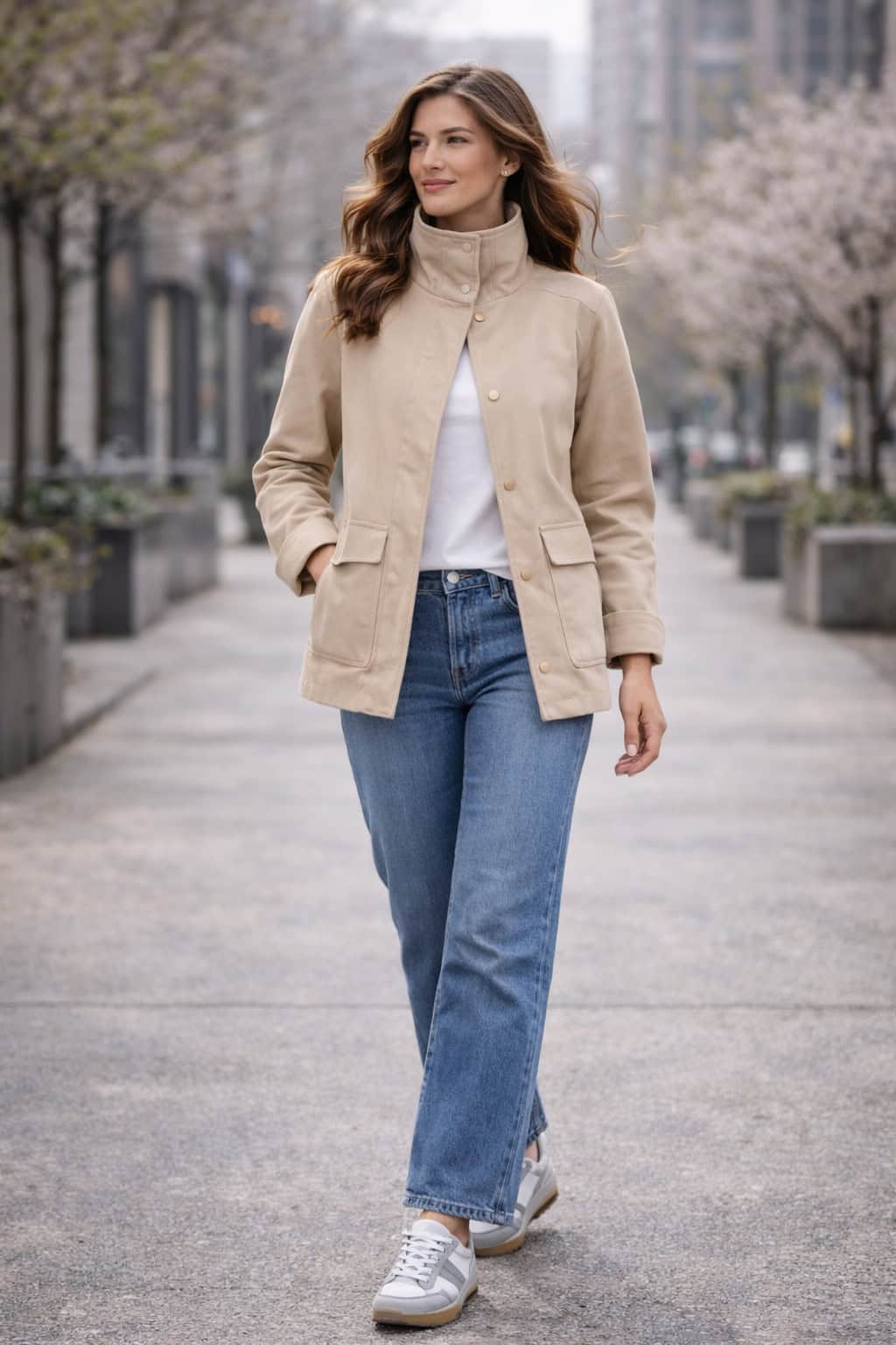 Woman in a beige funnel-neck jacket, white tee, wide-leg jeans, and sneakers walking on a breezy spring street.