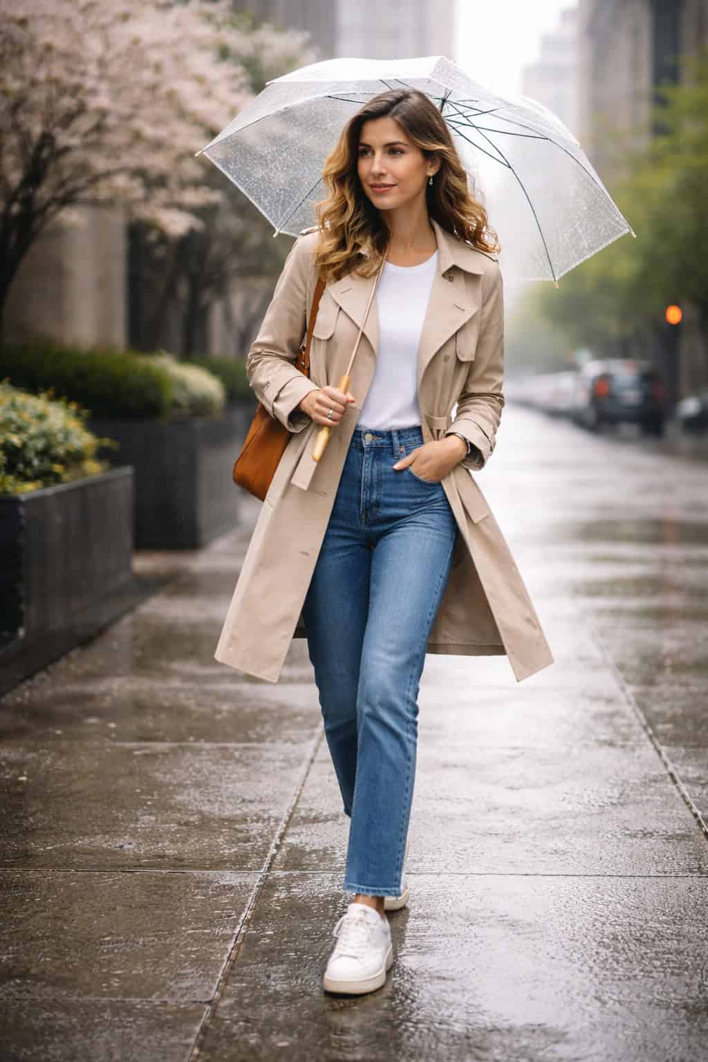 Woman in a beige trench coat, white tee, jeans, and sneakers walking in the rain with a clear umbrella.