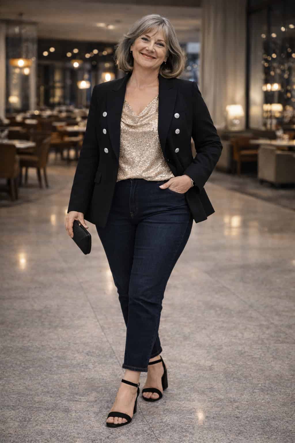 Woman in a black blazer, gold sequin top, dark jeans, and black heeled sandals holding a clutch in a softly lit restaurant.