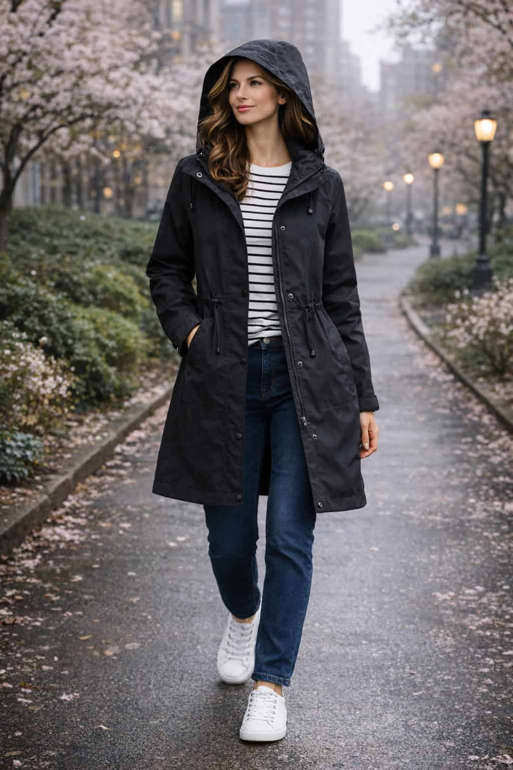 Woman in a black hooded parka, striped tee, jeans, and white sneakers walking under blooming trees.
