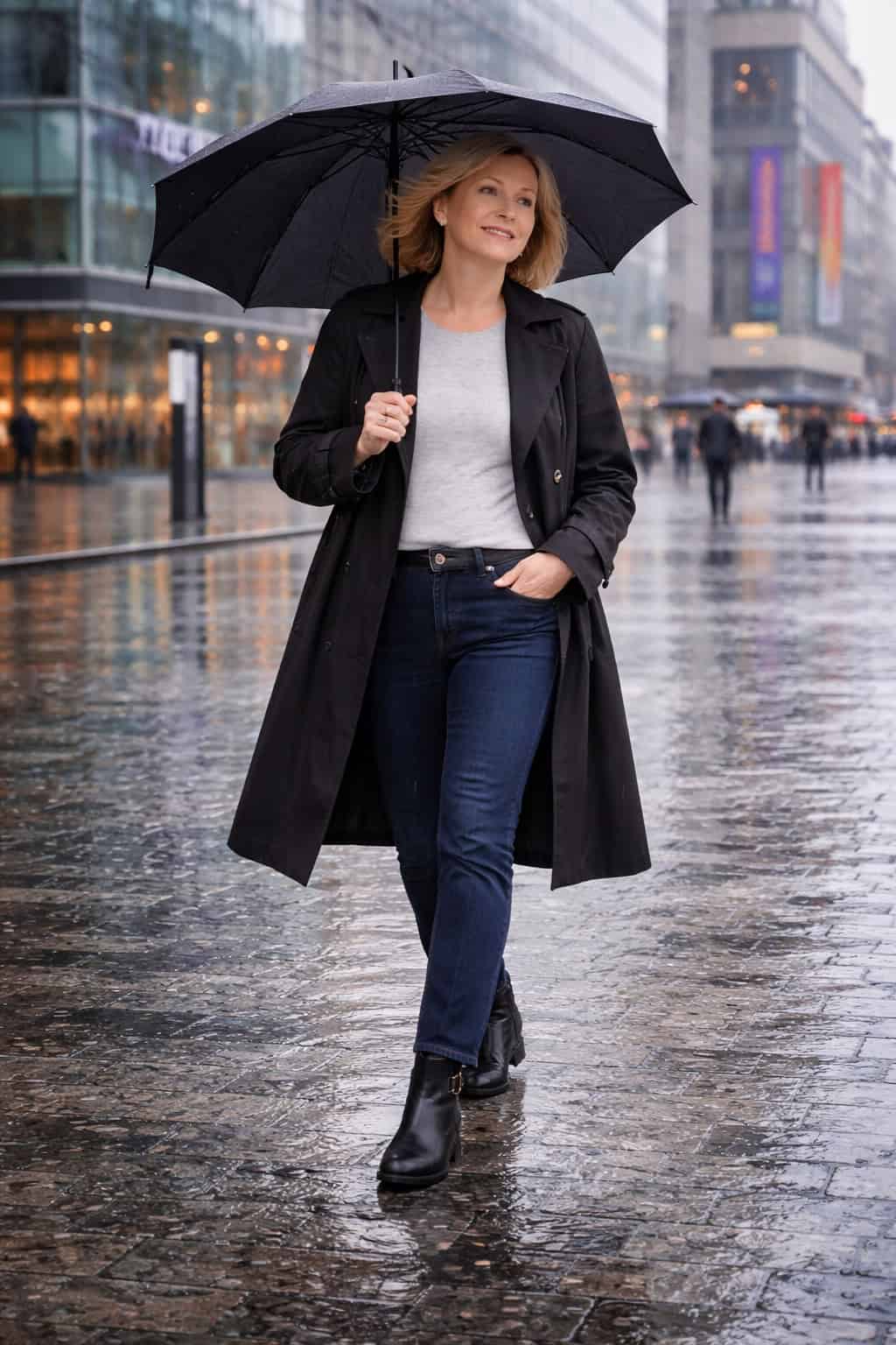 Woman in a black trench coat, gray knit top, dark jeans, and black ankle boots walking in the rain with an umbrella.