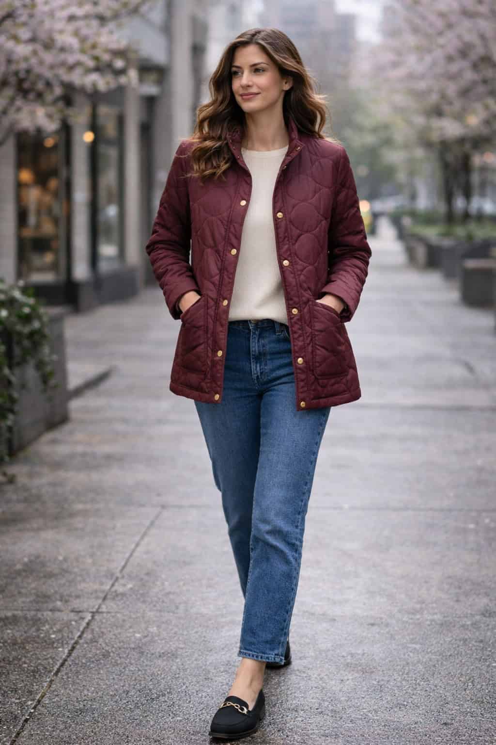 Woman in a burgundy quilted jacket, cream sweater, jeans, and loafers walking past spring blossoms.