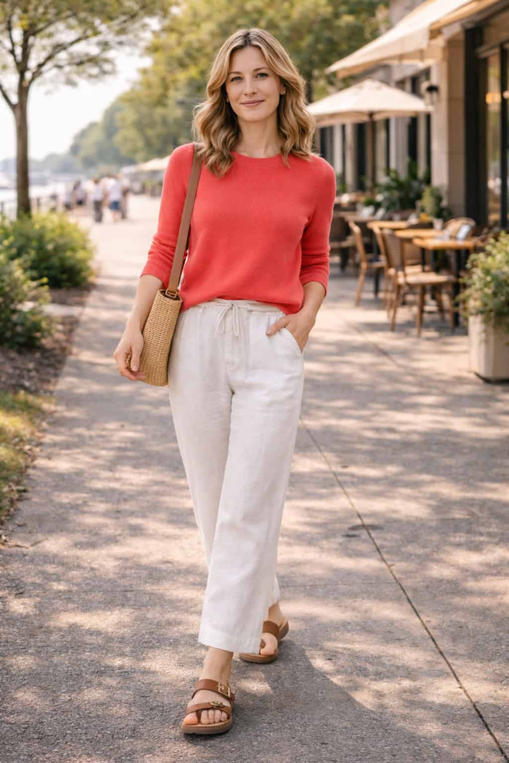Woman in a coral sweater, white linen pants, and tan sandals walking past an outdoor café on a warm spring afternoon.