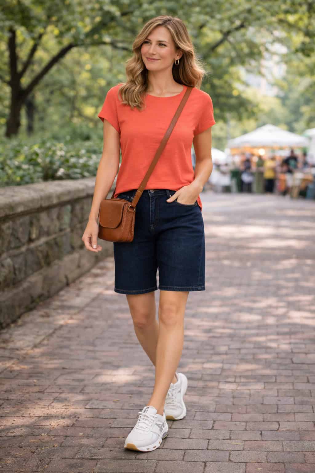 Woman in a coral tee, dark denim Bermuda shorts, white running sneakers, and a brown crossbody bag walking on a park path.