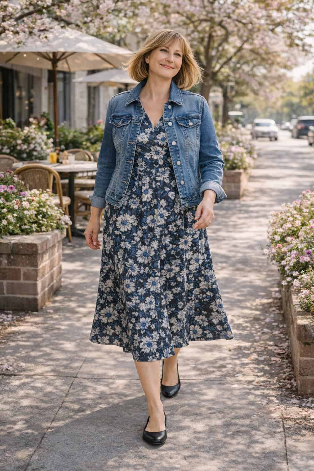Woman in a denim jacket and blue floral midi dress walking under cherry blossoms outside a café.