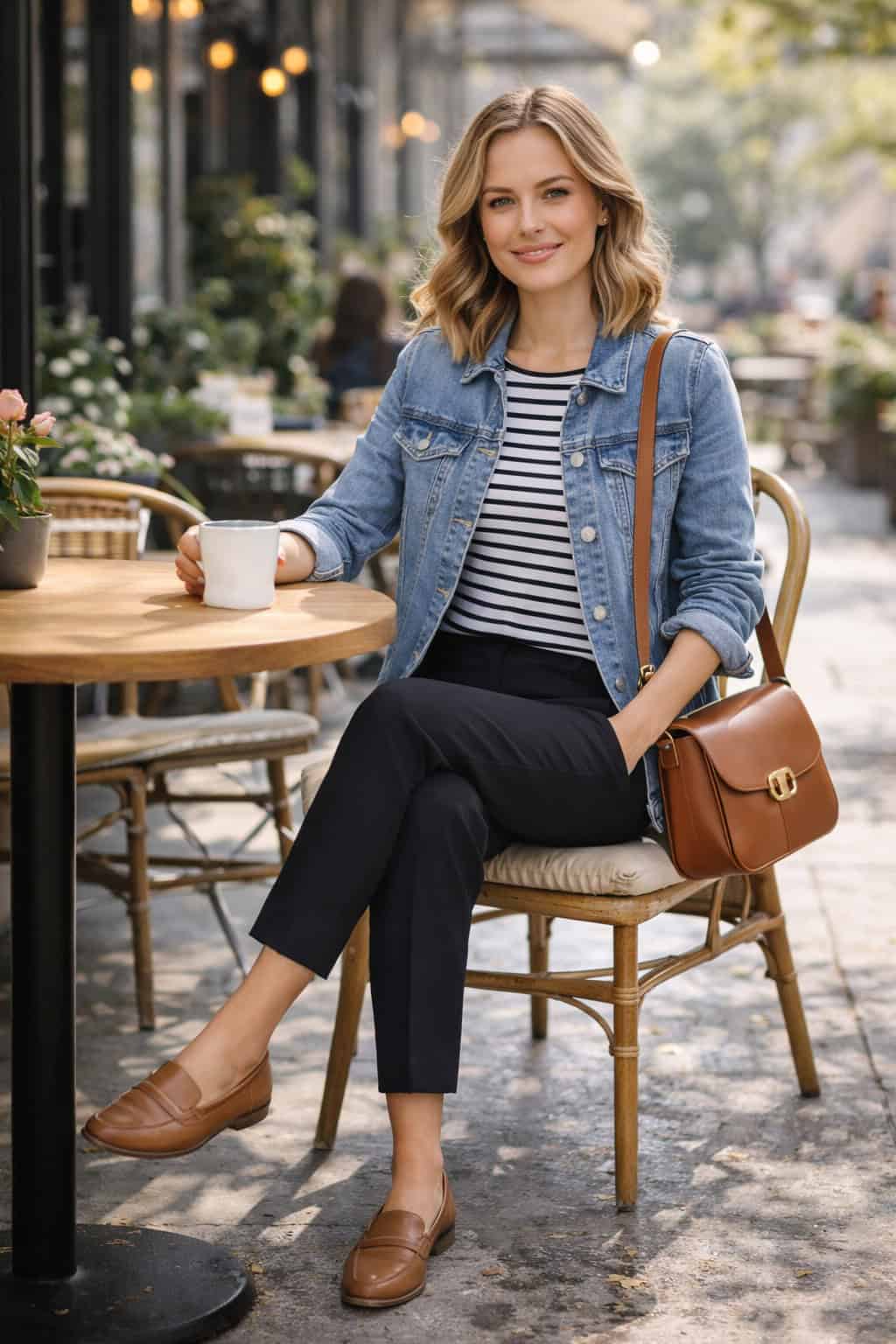 Woman in a denim jacket, striped top, black ankle pants, and loafers sitting at an outdoor café with a brown crossbody bag.
