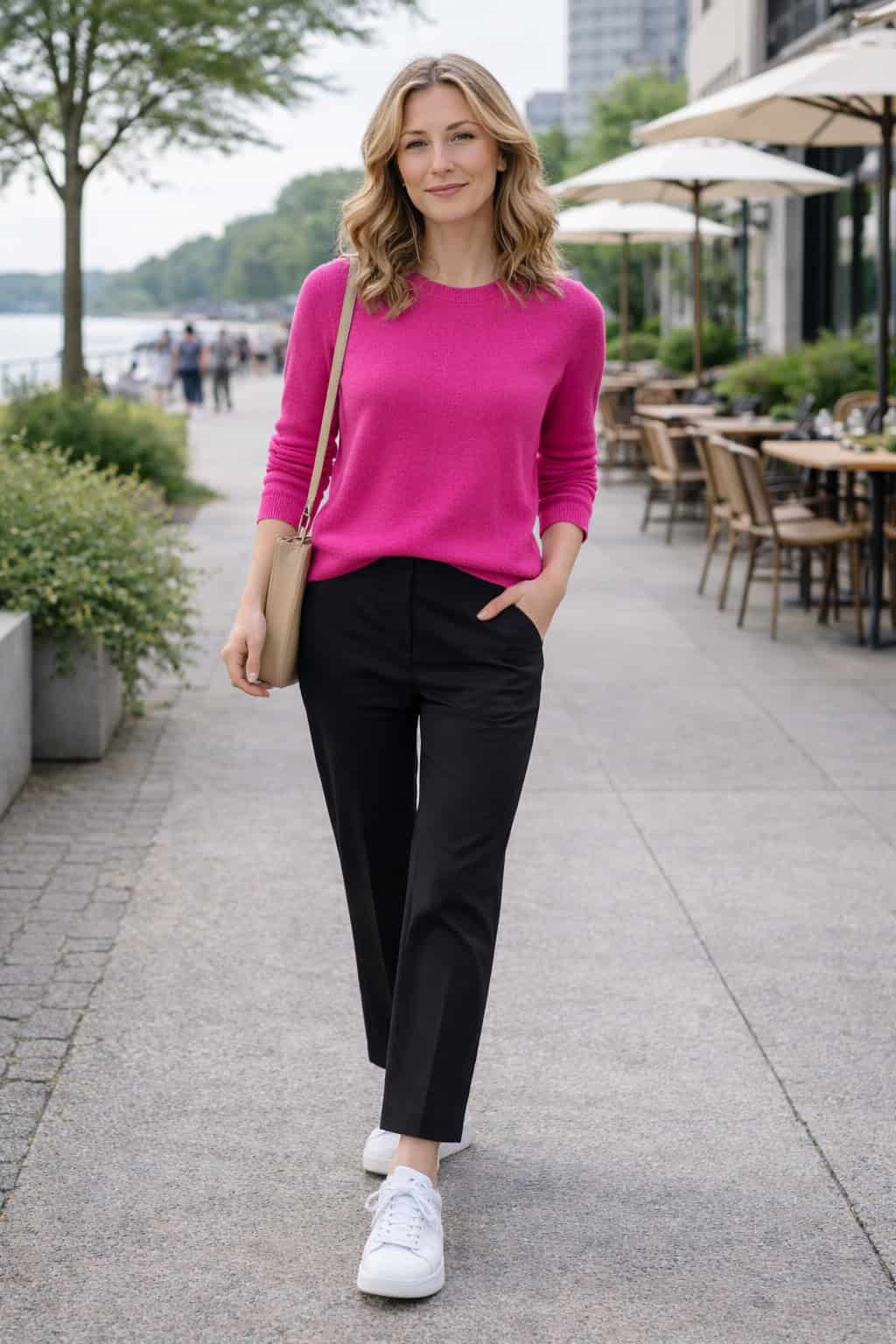 Woman in a hot pink sweater, black trousers, and white sneakers walking along a waterfront on an overcast day.