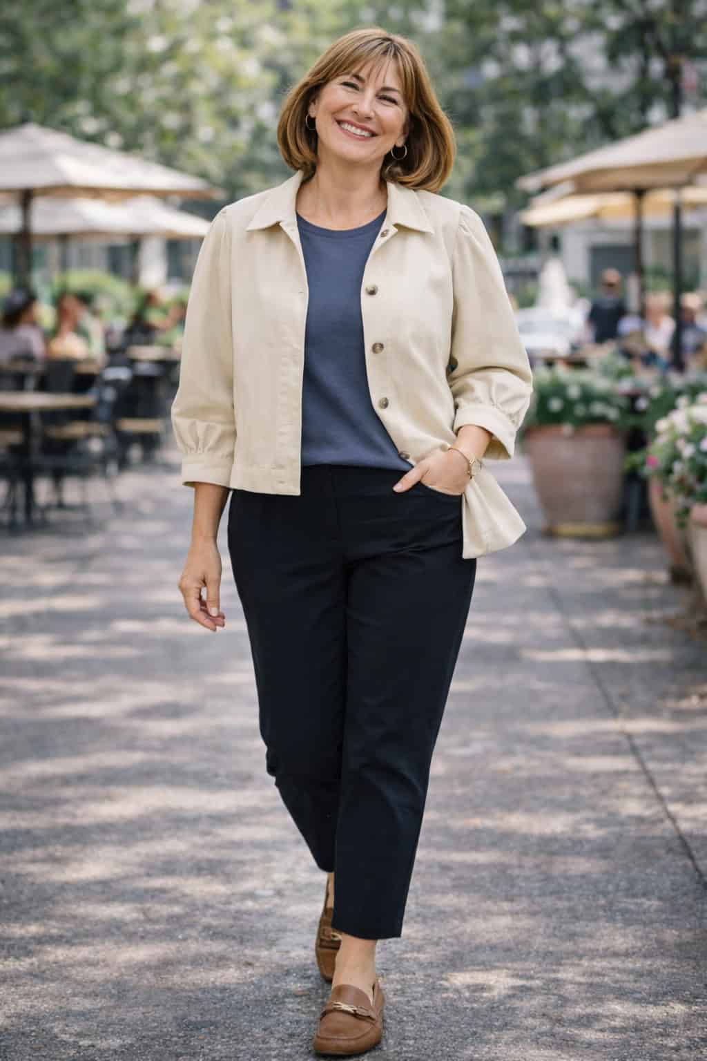 Woman in a light cropped jacket, blue tee, black ankle pants, and tan loafers walking outdoors.