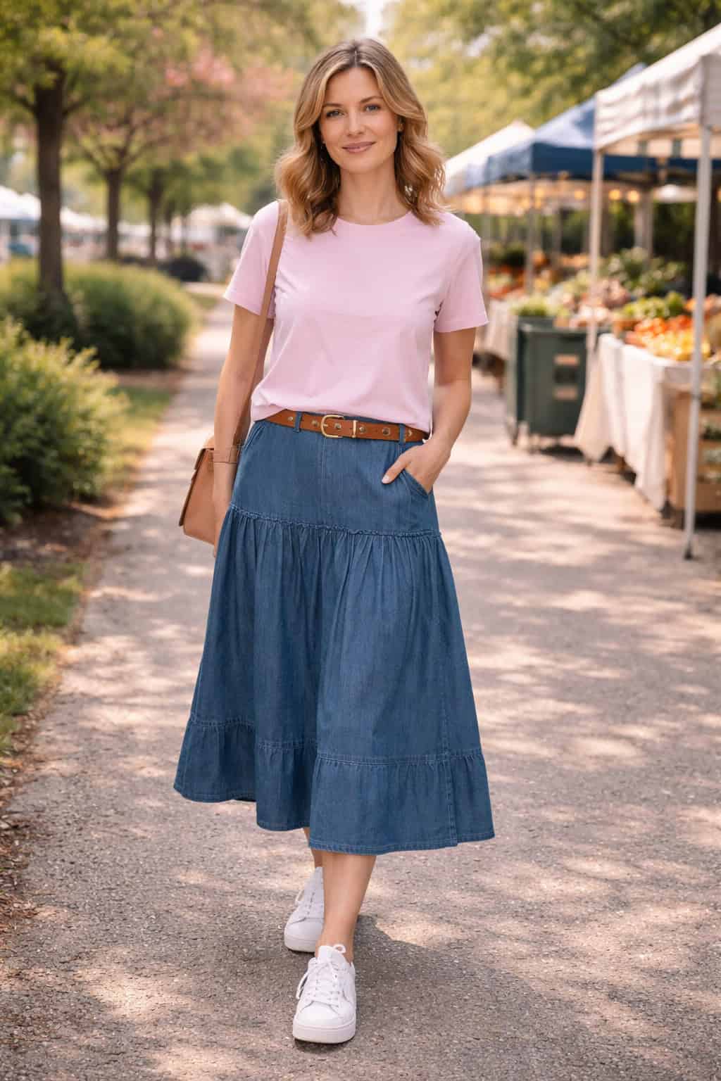 Woman in a pink tee, denim midi skirt, and white sneakers walking through a sunny farmers market.