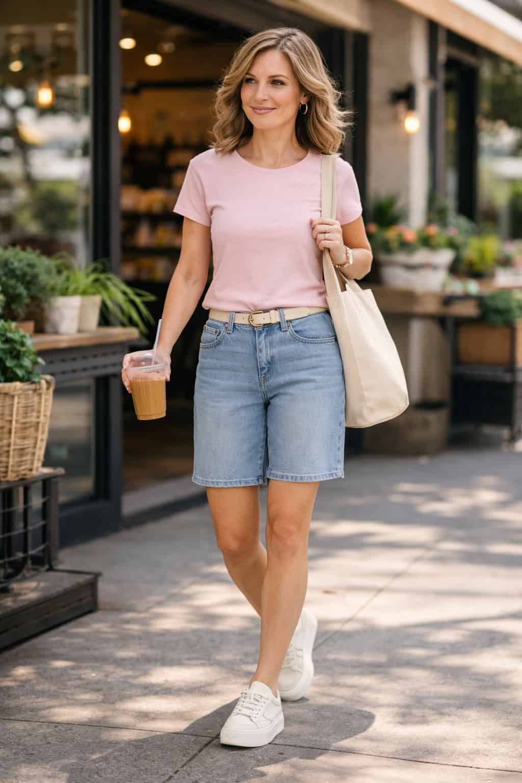 Woman in a pink tee, denim shorts, and white platform sneakers walking with iced coffee and a tote bag.