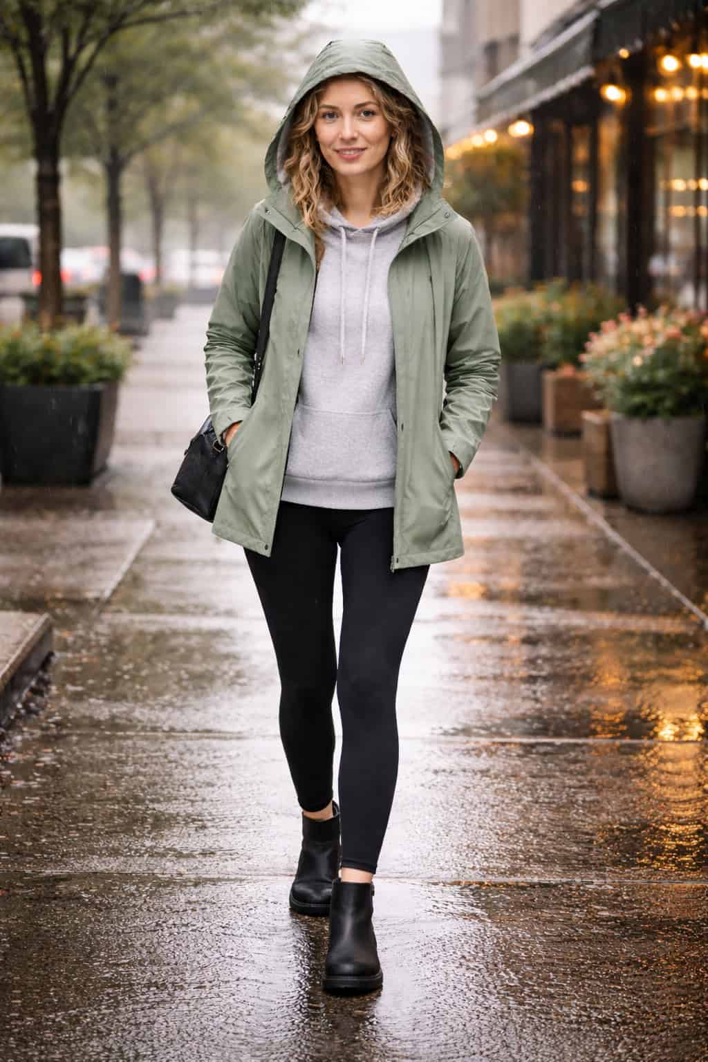 Woman in a sage green rain jacket, gray hoodie, black leggings, and waterproof boots walking on a rainy sidewalk.