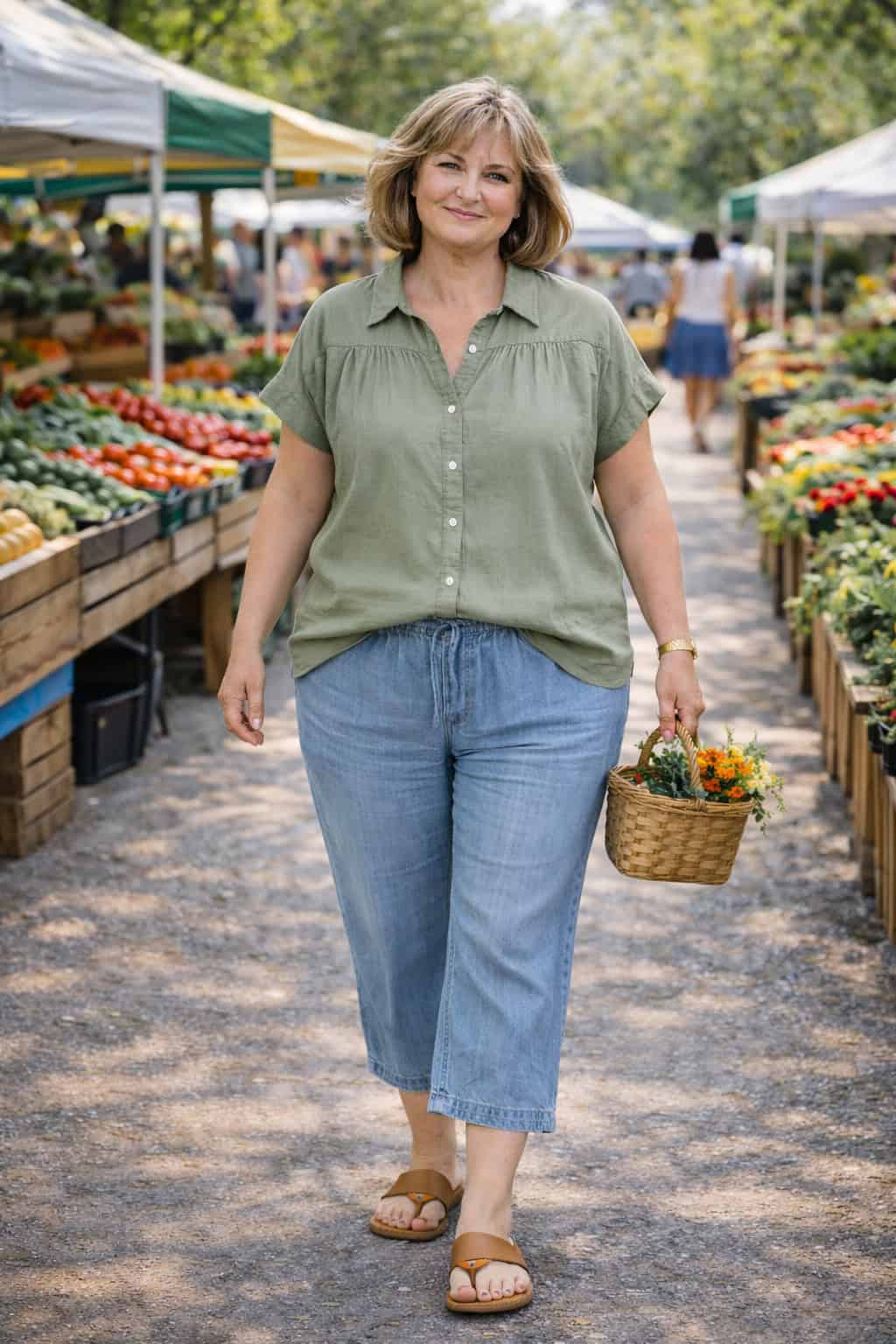 Woman in a sage linen shirt, light blue cropped pants, and tan sandals walking through a farmers market holding a flower basket.