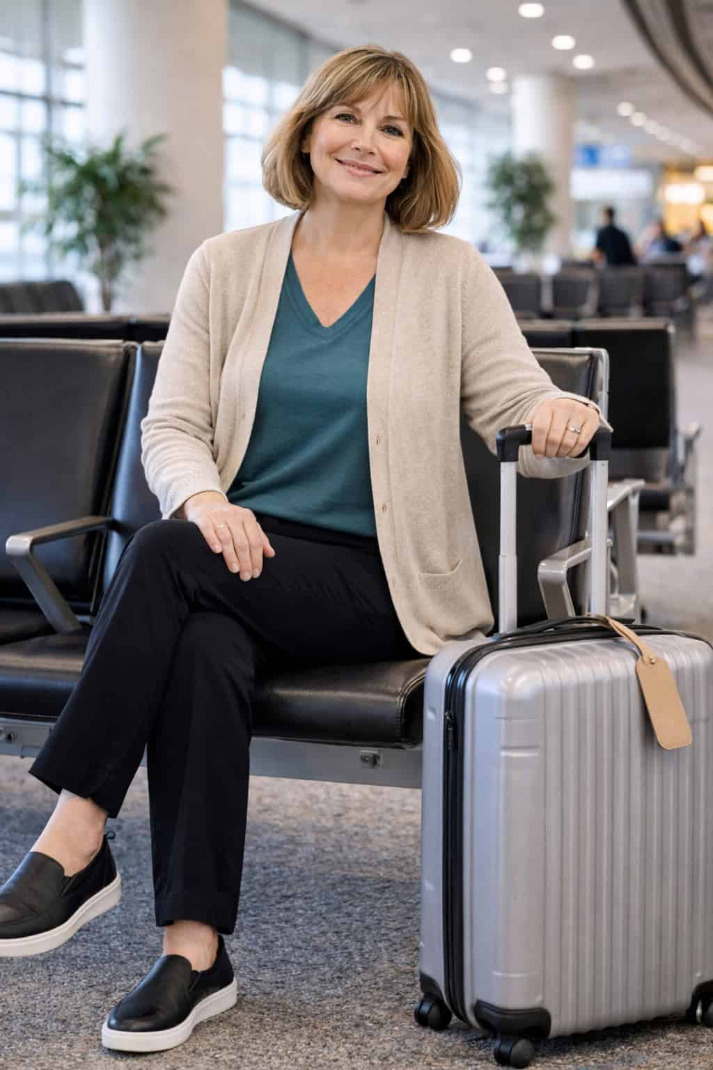 Woman in a teal tee, beige cardigan, black pants, and slip-on shoes sitting in an airport with a suitcase.