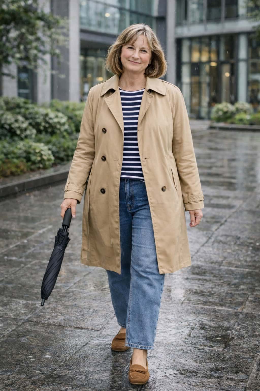Woman in a belted trench coat, striped long-sleeve top, light jeans, and brown loafers walking on a rainy city sidewalk with an umbrella.