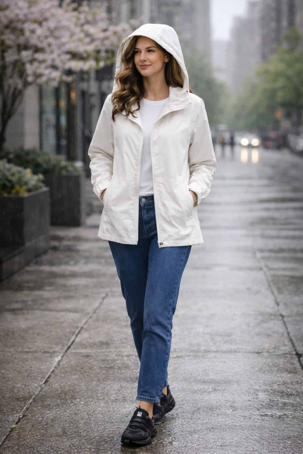 Woman in a white hooded rain jacket, jeans, and waterproof shoes walking on a rainy city sidewalk.