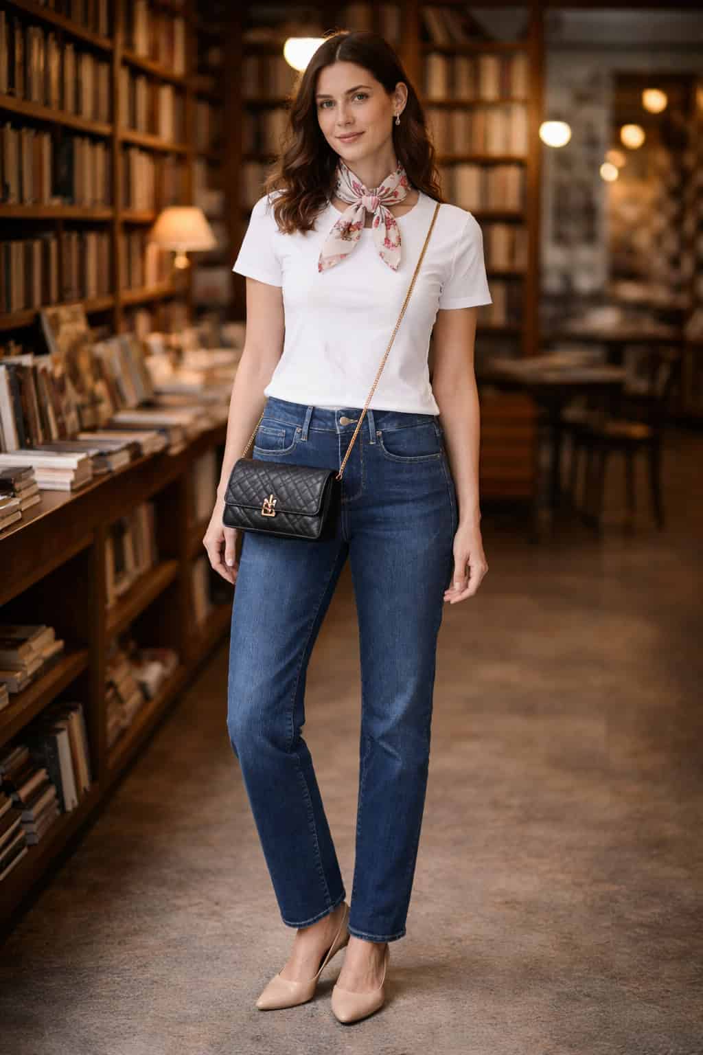 Woman in a white tee and jeans with a floral neck scarf and chain-strap crossbody bag.