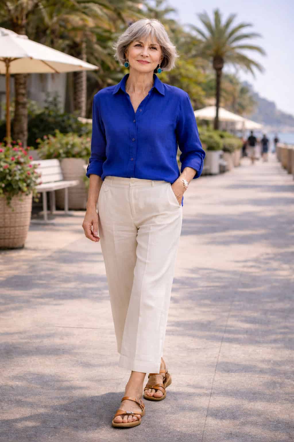 Woman in her 70s in a blue linen shirt, white trousers, and tan sandals on a coastal walkway.