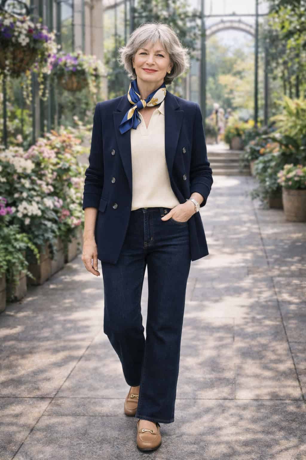 Woman in her 70s in a navy blazer, cream knit top, wide-leg jeans, loafers, and a blue silk scarf.