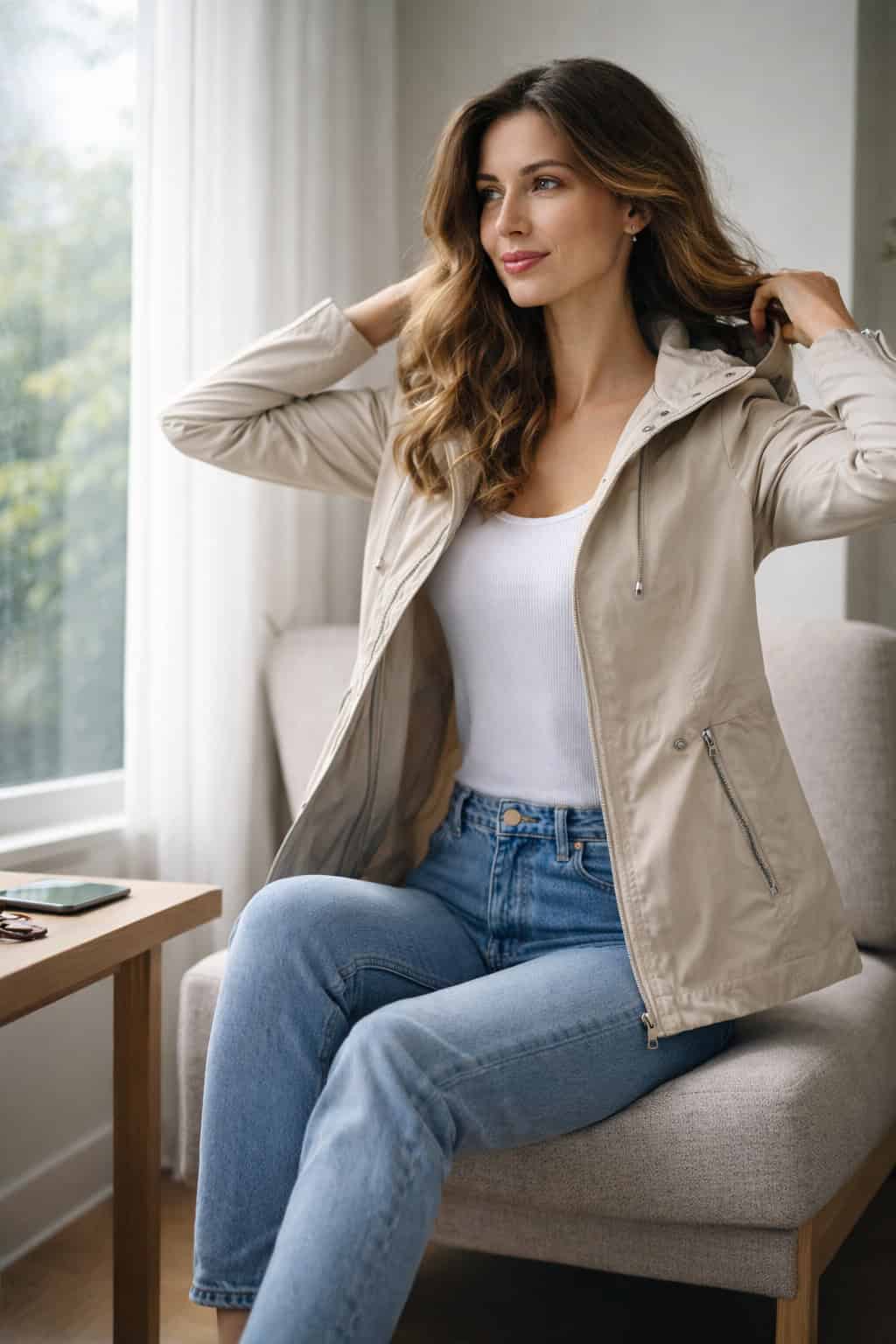 Woman sitting indoors trying on a lightweight beige spring jacket by a rain-speckled window.
