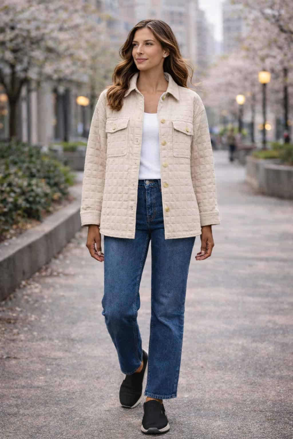 Woman wearing a beige shacket over a white tank, dark jeans, and slip-on sneakers walking casually outdoors.