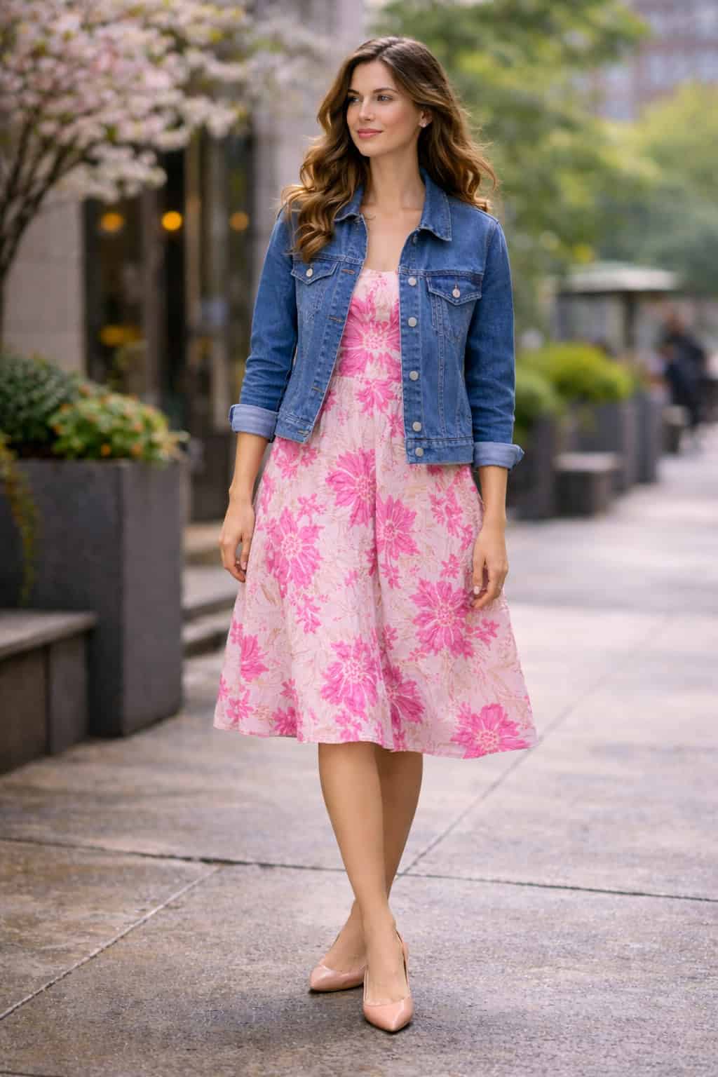 Woman wearing a denim jacket over a pink floral dress with flats, standing on a city sidewalk.