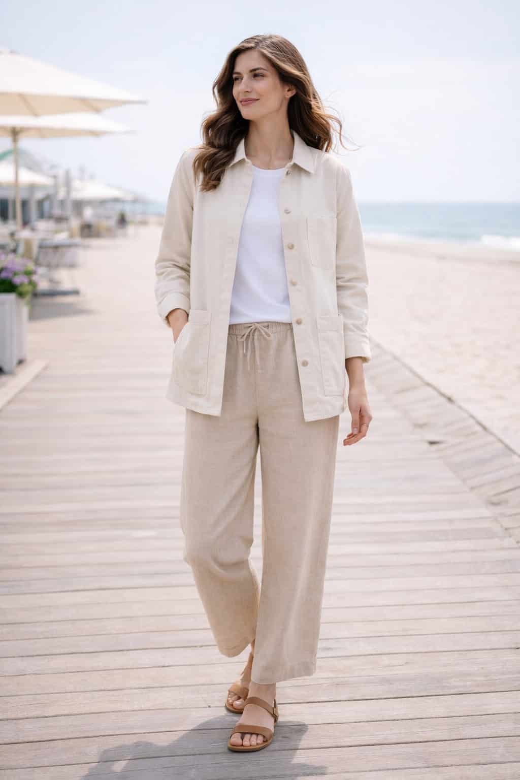 Woman wearing a light shirt jacket with a white tee, linen pants, and sandals.