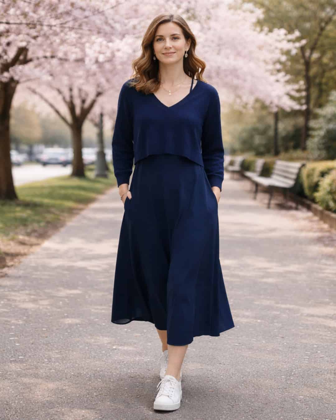 Woman in a navy slip midi dress with a cropped sweater walking under cherry blossoms.