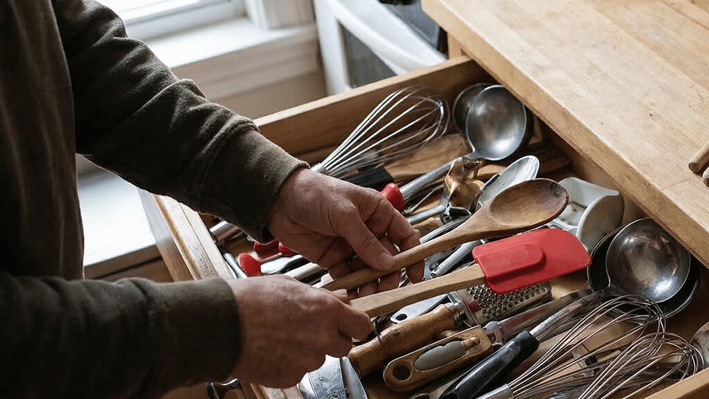 A lady decluttering her kitchen drawer