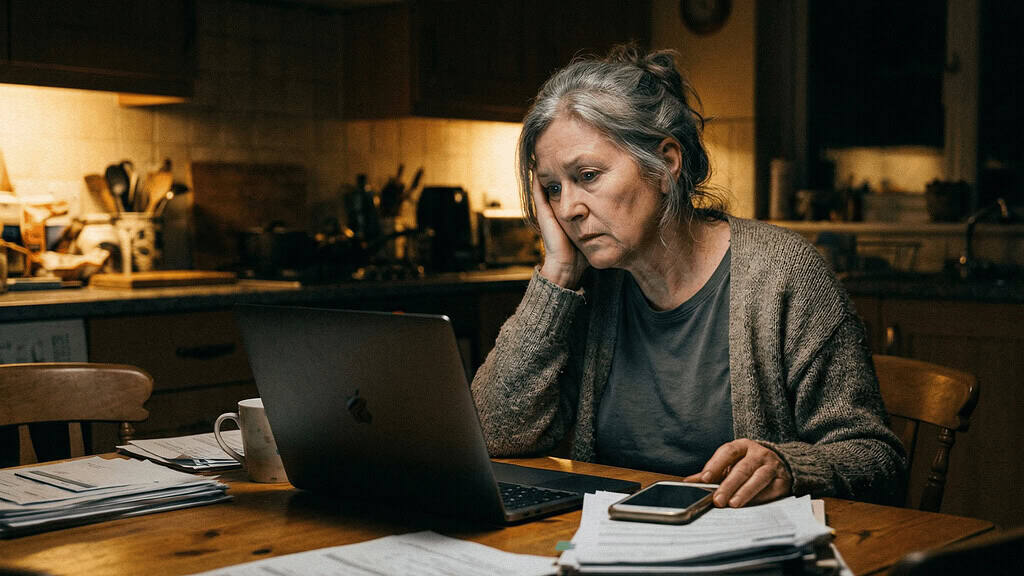 A lady overwhelmed while facing her laptop