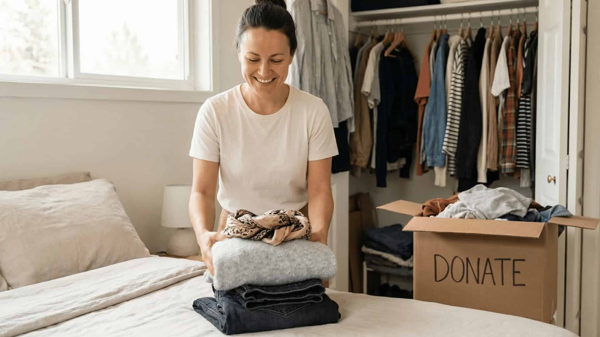 A woman decluttering her clothes on top of her bed