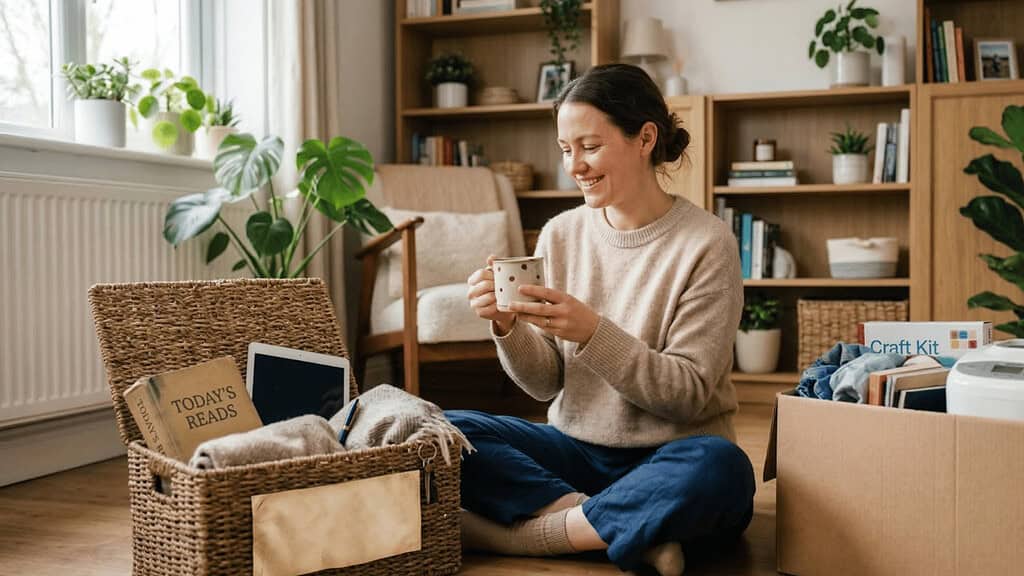 A woman holding a cup while sitting on the floor