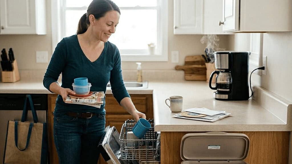 A woman putting a cup inside the dishwasher