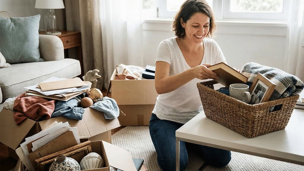 A woman putting her things in a basket