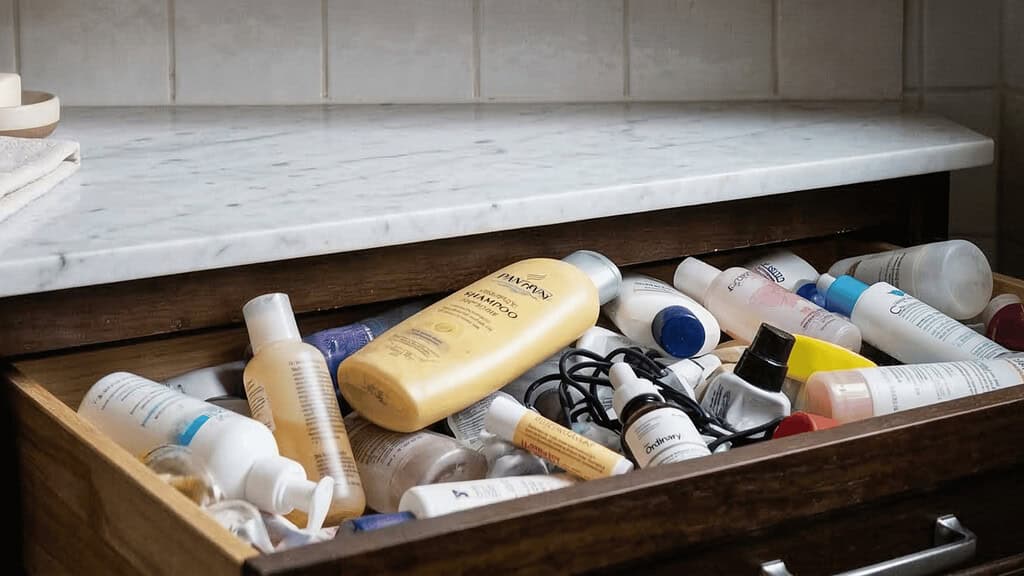 Cluttered bathroom drawer