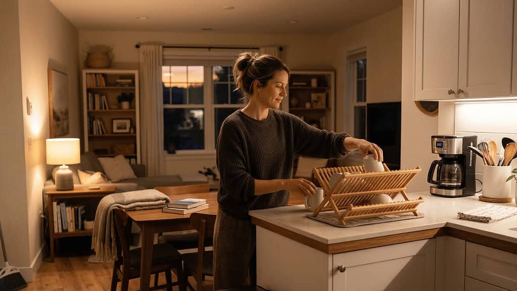 A woman putting cups in the rack in her kitchen
