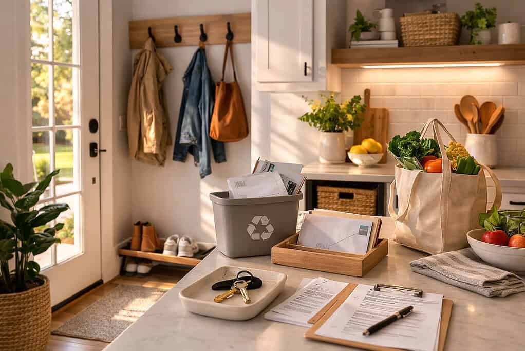 a calm, tidy but lived-in space at the exact moment incoming items are being handled right away