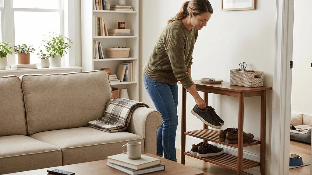A woman putting shoes back in a shoe rack