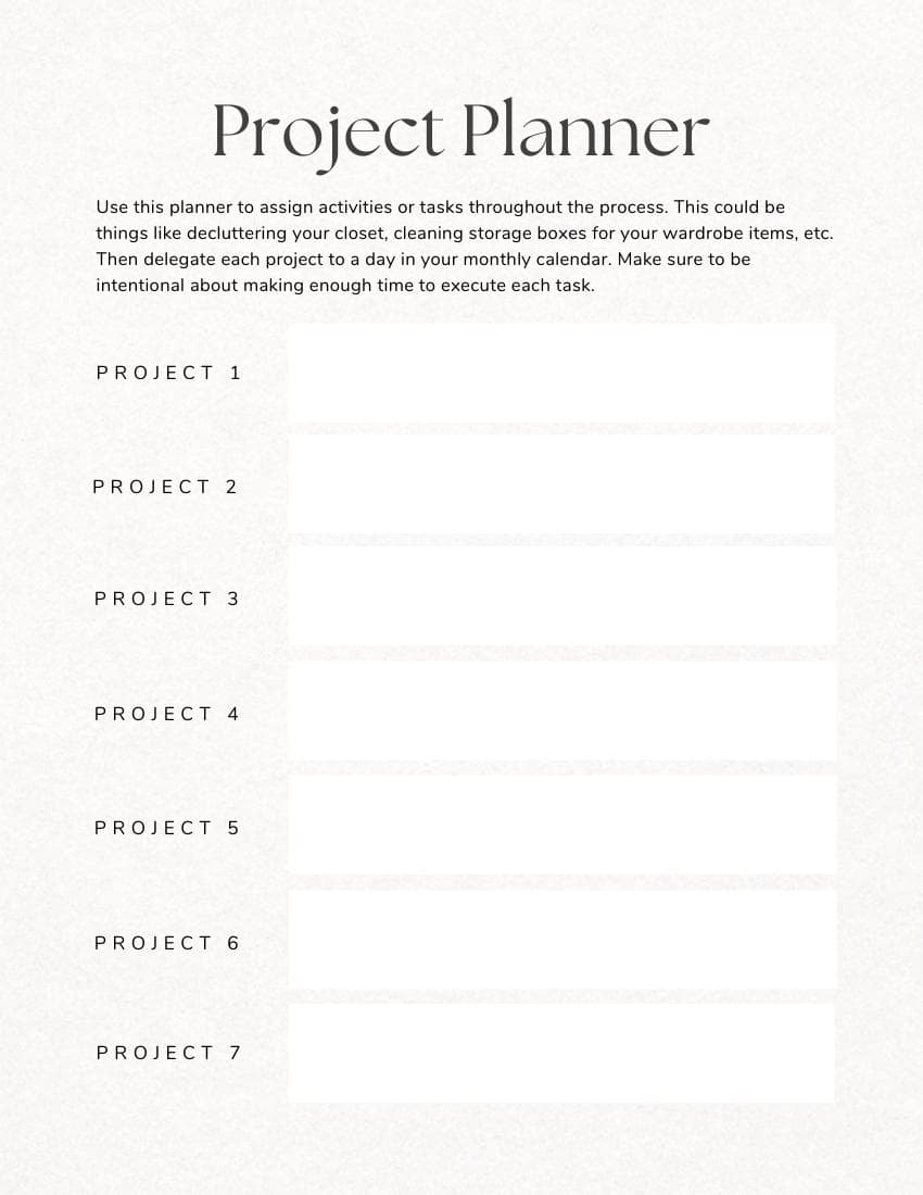 Project Planner page from the workbook