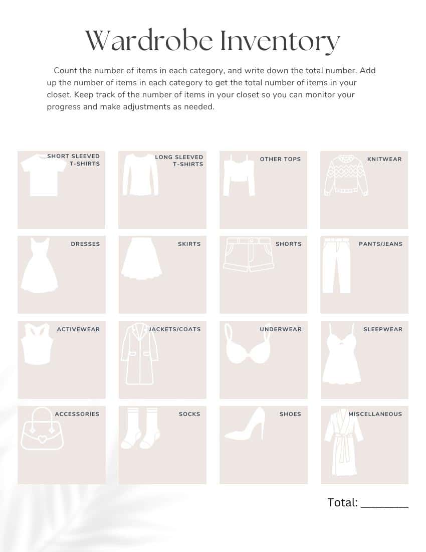 Wardrobe Inventory with 16 illustrated clothing categories
