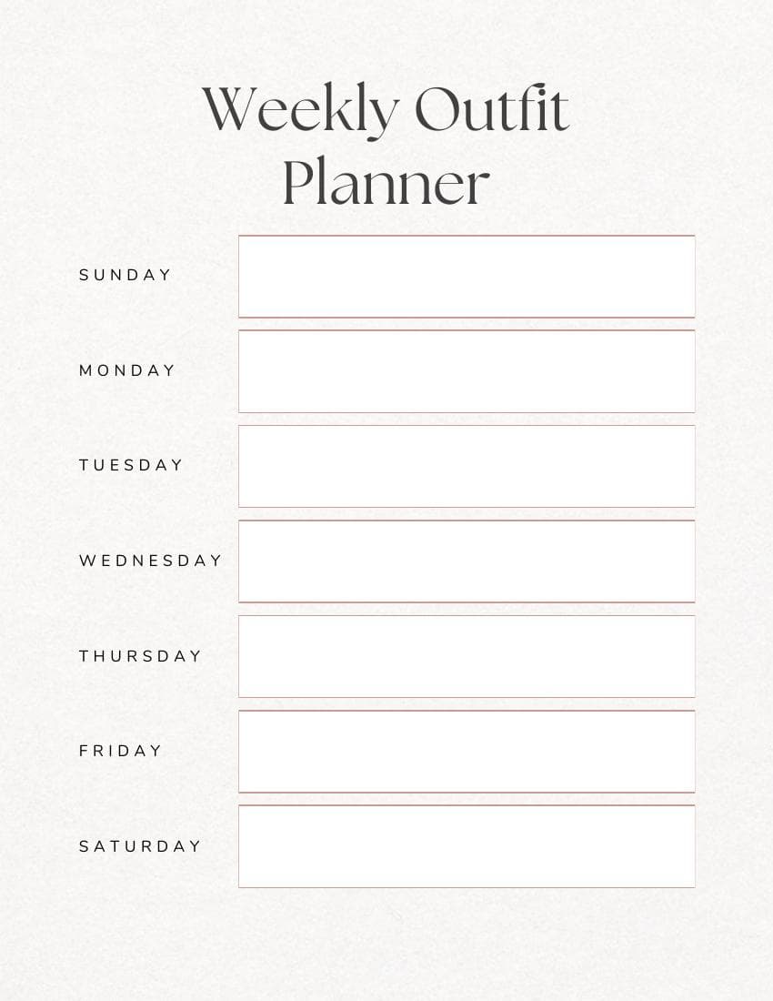Weekly Outfit Planner with rows for each day