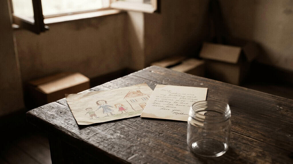 A child's drawing and handwritten cards on a rustic wooden table next to a glass jar