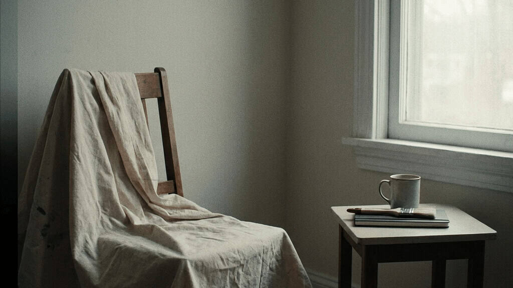 A cloth draped over a wooden chair beside a window with a coffee mug and book on a small side table