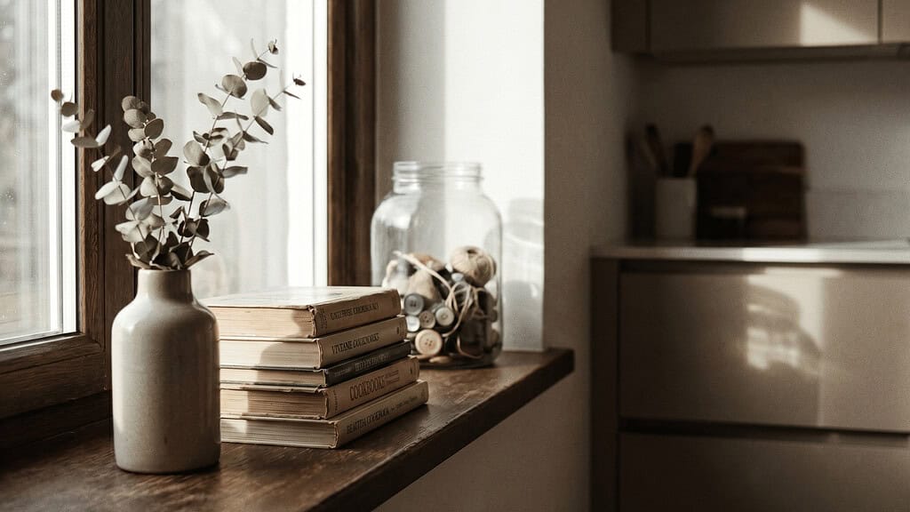 A vase with dried eucalyptus, stacked books, and a glass jar on a wooden surface near a sunlit window