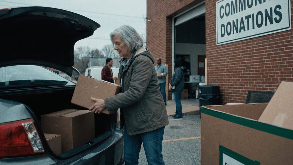A lady getting the boxes out of her car's trunk