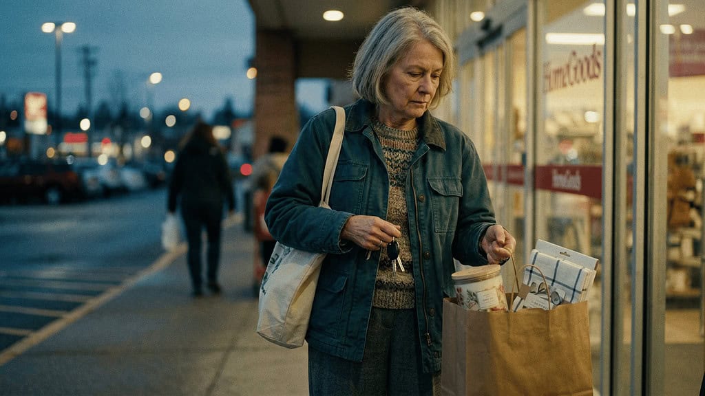 A lady standing outside a homegoods while looking at the thing she bought