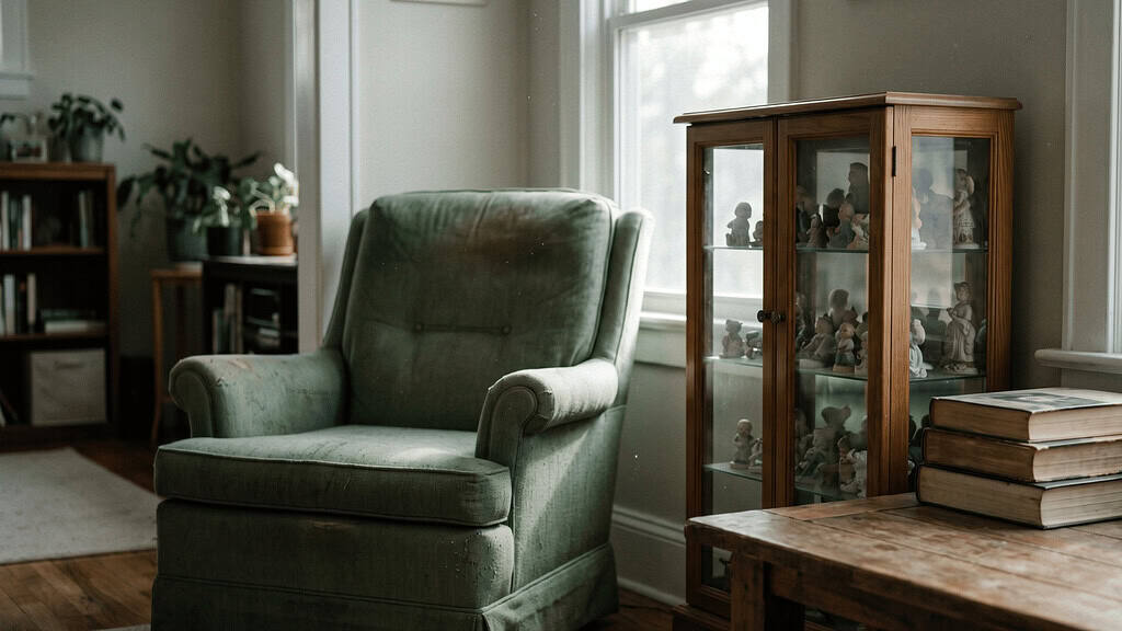 A living room with an oversized green armchair, a curio cabinet filled with figurines, and stacked books on a side table