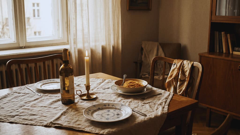 A plate of spaghetti, a wine bottle, and a lit candle on a dinner table set for a cozy evening meal