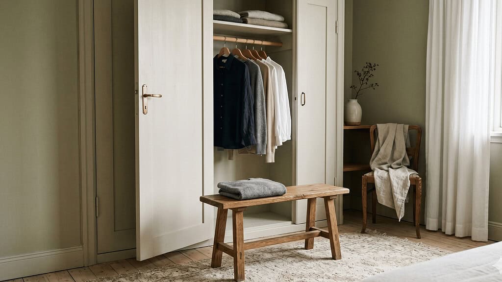 An open wardrobe with clothes hanging on a rail and folded linens on the shelf, with a rustic wooden bench holding a folded gray blanket in the foreground and a wooden chair draped with a linen throw to the right